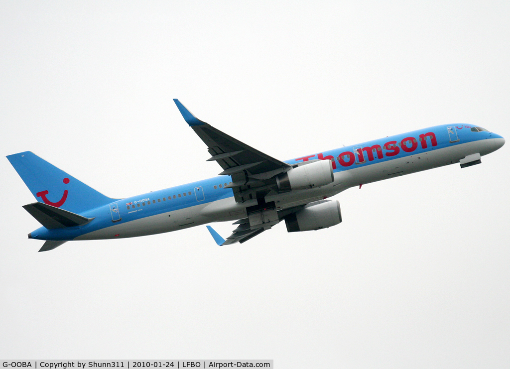 G-OOBA, 2000 Boeing 757-28A C/N 32446, Taking off from rwy 32R with Thomson Airlines c/s and fitted with winglets