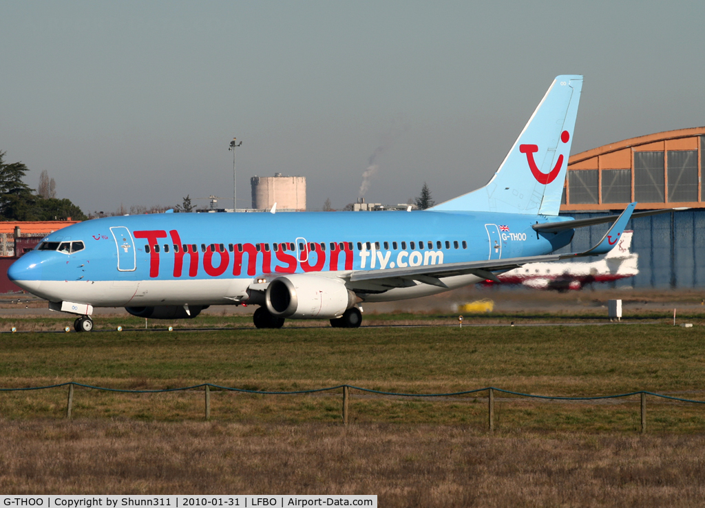 G-THOO, 1998 Boeing 737-33V C/N 29335, Lining up rwy 32R for departure... Only Thomson B733 fitted with winglets...