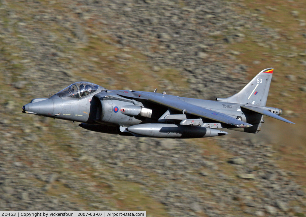 ZD463, British Aerospace Harrier GR.7 C/N P53, Royal Air Force. Operated by 4 Squadron, coded '53'. Dunmail Raise, Cumbria.