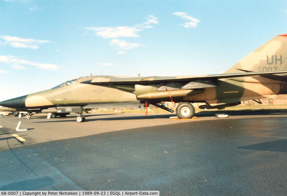 68-0007, 1968 General Dynamics F-111E Aardvark C/N A1-176, F-111E of RAF Upper Heyford's 77th Tactical Fighter Squadron/20th Tactical Fighter Wing on display at the 1989 RAF Leuchars Airshow.