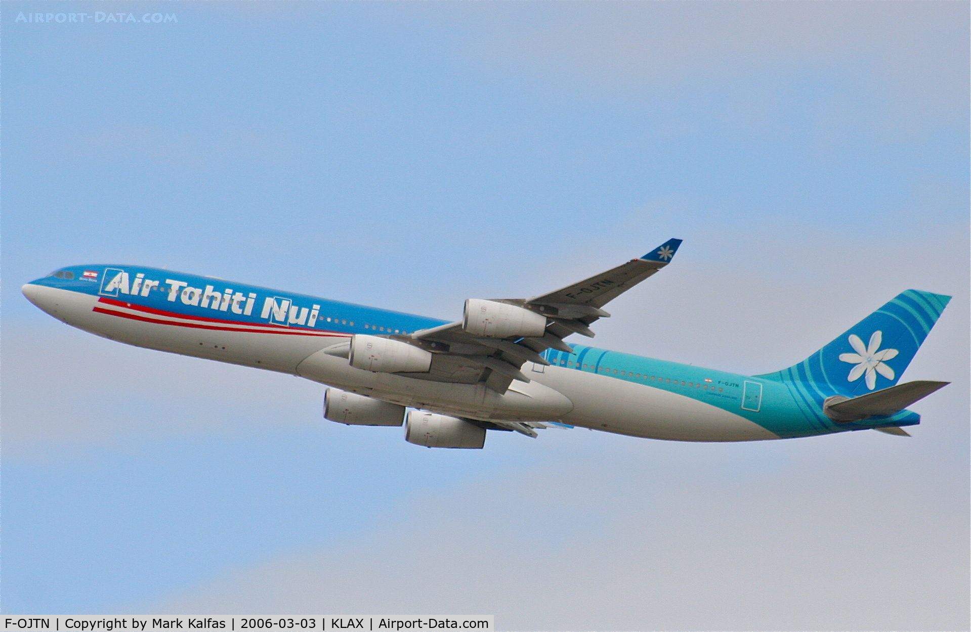 F-OJTN, 2001 Airbus A340-313 C/N 395, Air Tahiti Nui A340-313, 25R departure KLAX.