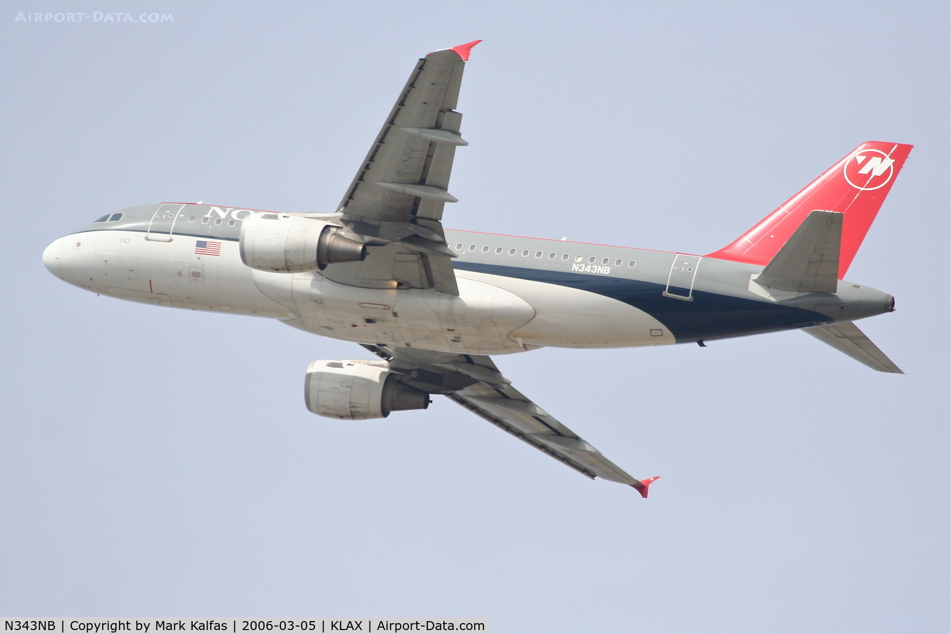 N343NB, 2002 Airbus A319-114 C/N 1752, Northwest  A319-114, 25R departure KLAX.