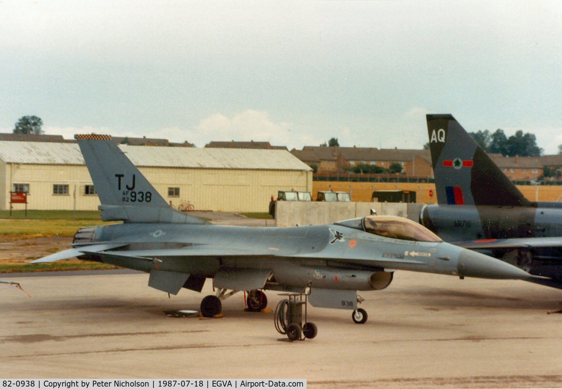 82-0938, 1982 General Dynamics F-16A Fighting Falcon C/N 6I-531, F-16A Falcon, callsign Falcon 1, of 613rd Tactical Fighter Squadron/401st Tactical Fight Wing at Torrejon AB on the flight-line at the 1987 Intnl Air Tattoo at RAF Fairford.