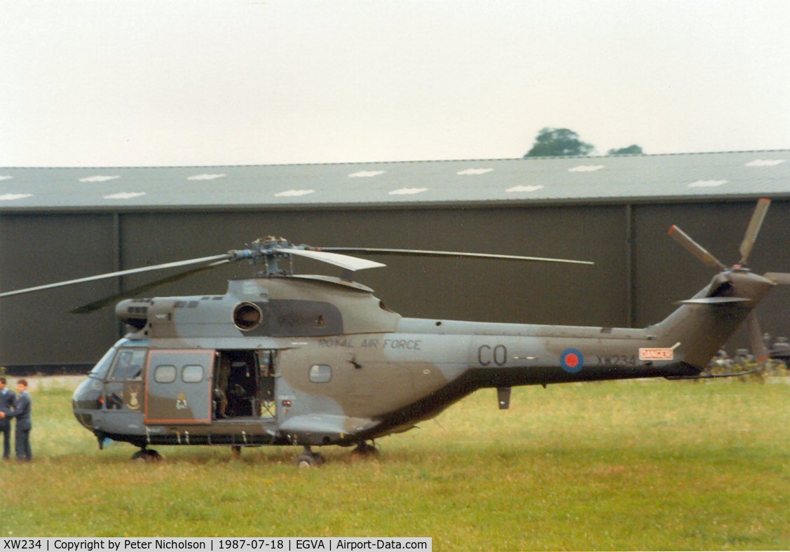 XW234, 1972 Westland Puma HC.1 C/N 1209, Puma HC.1, callsign Embassy 29, of 33 Squadron on the flight-line at the 1987 Intnl Air Tattoo at RAF Fairford.