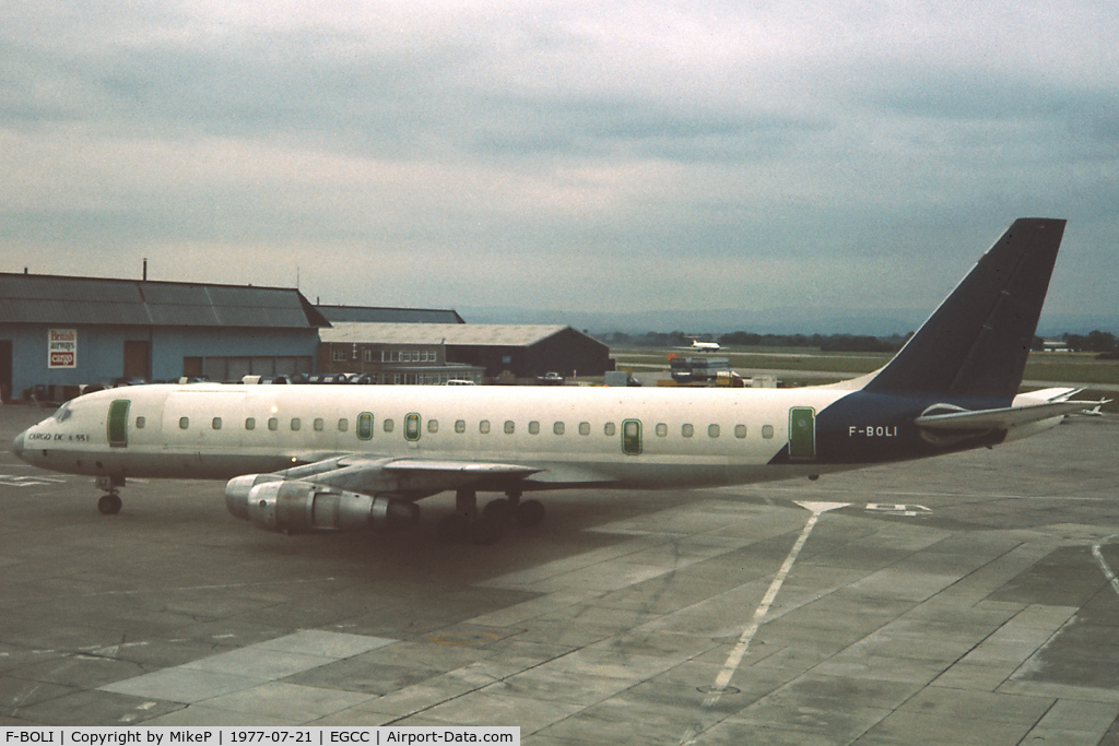 F-BOLI, 1965 Douglas DC-8-55F C/N 45754, One of a short series of DC-8 freight charters to Manchester in late July 1977.