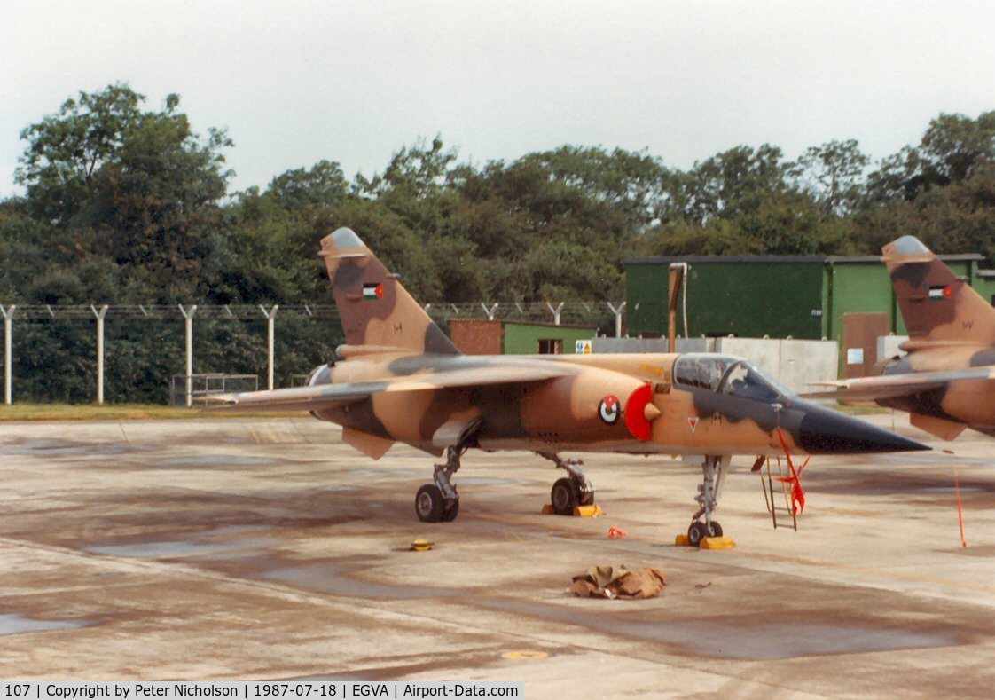 107, Dassault Mirage F.1EJ C/N Not found 107, Mirage F.1EJ of 1 Squadron Royal Jordanian Air Force on the flight-line at the 1987 Intnl Air Tattoo at RAF Fairford.