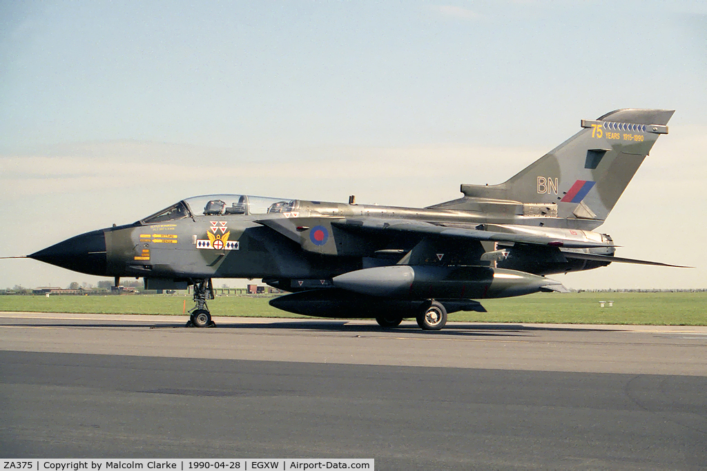 ZA375, 1982 Panavia Tornado GR.1 C/N 180/BS057/3089, Panavia Tornado GR1 from 14 Sqn, Bruggen with markings celebrating 75 years of 14 Sqn. At RAF Waddington's Photocall 90.