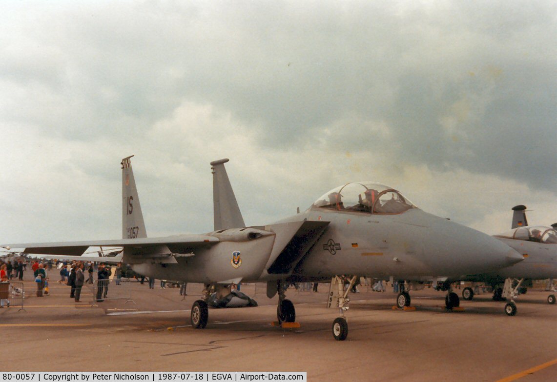 80-0057, 1980 McDonnell Douglas F-15D Eagle C/N 0698/D029, F-15D Eagle, callsign Arno 02, of 57th Fighter Interceptor Squadron on display at the 1987 Intnl Air Tattoo at RAF Fairford.