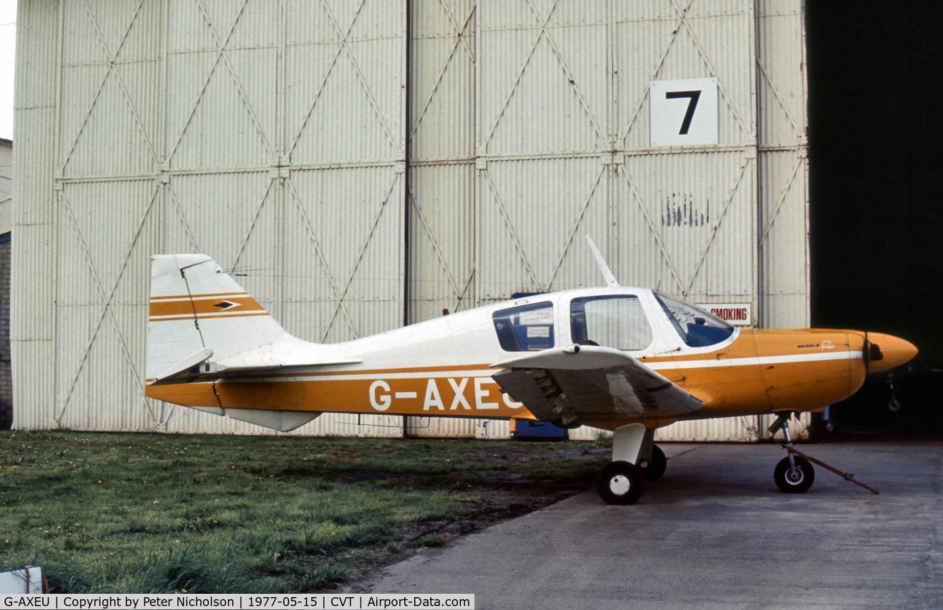 G-AXEU, 1969 Beagle B-121 Pup Series 2 (Pup 150) C/N B121-062, Beagle Pup 2 seen at Coventry Airport in May 1977.