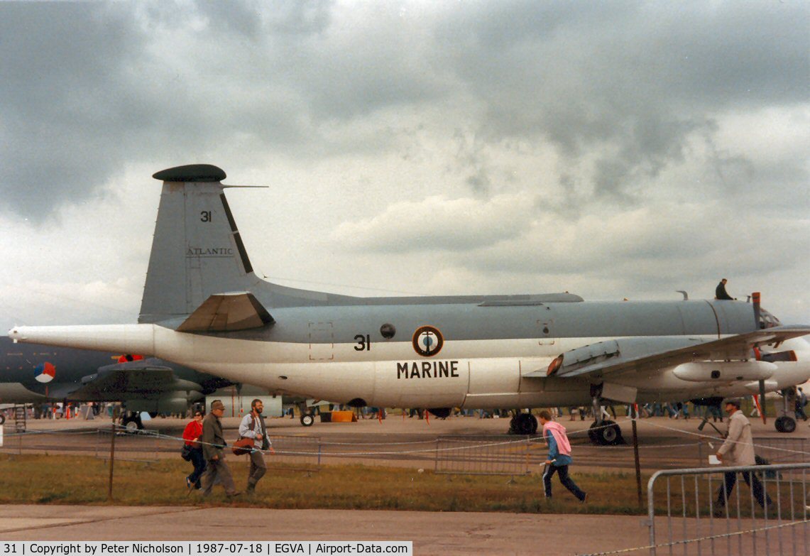 31, Breguet 1150 Atlantic C/N 31, Atlantic of 23 Flotille French Aeronavale on display at the 1987 Intnl Air Tattoo at RAF Fairford.