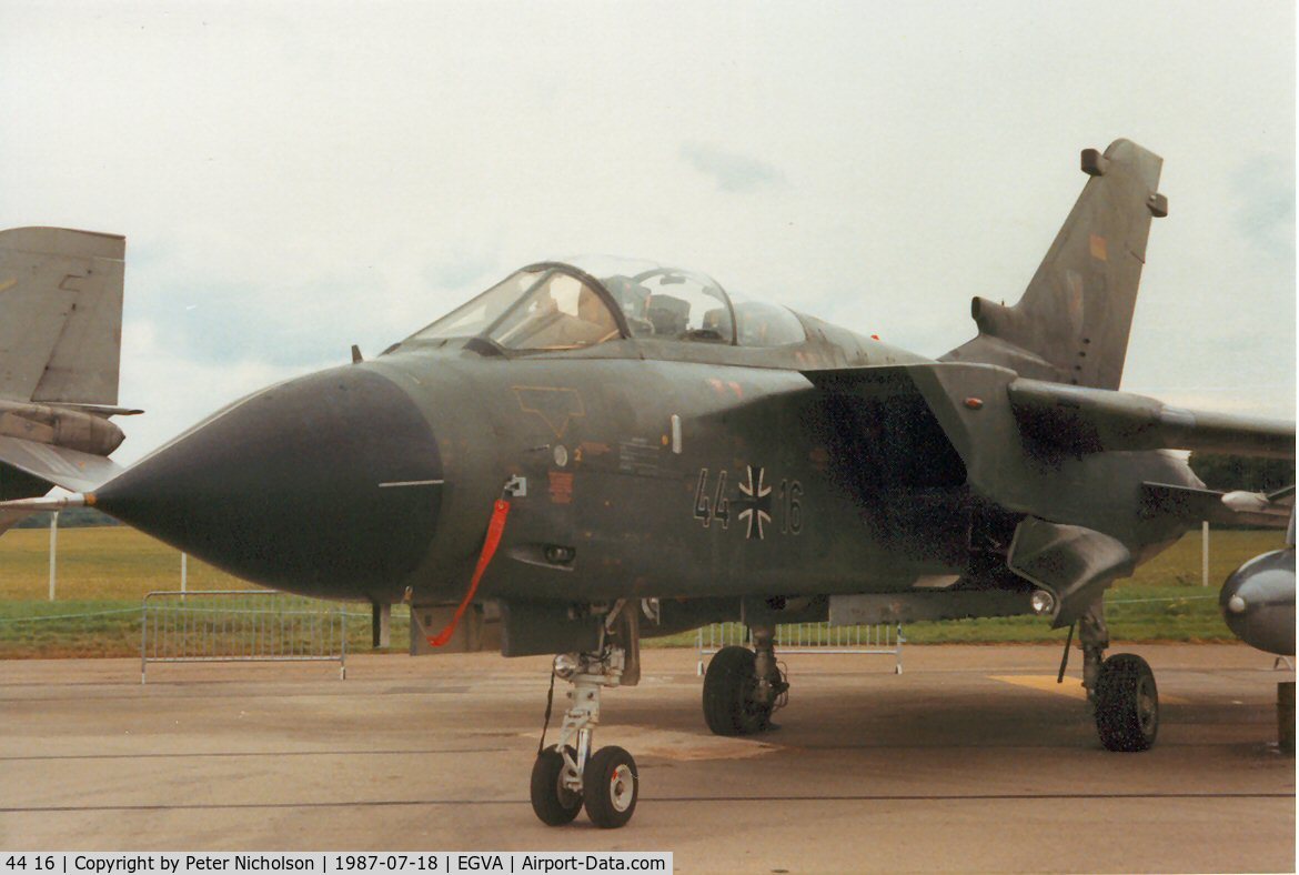 44 16, Panavia Tornado IDS C/N 296/GS079/4116, Tornado IDS, callsign Mission 2100, of JBG-31 on display at the 1987 Intnl Air Tattoo at RAF Fairford.
