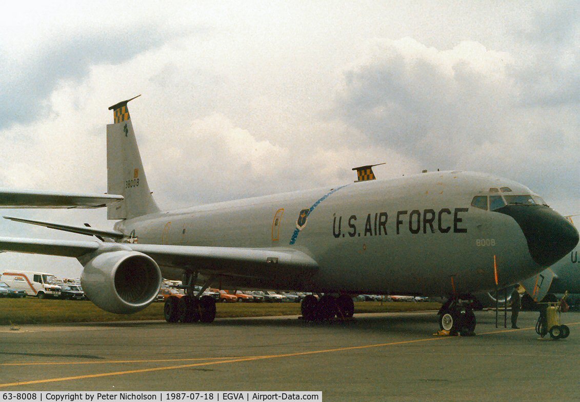 63-8008, 1963 Boeing KC-135R Stratotanker C/N 18625, KC-135R Stratotanker, callsign Embassy 90, of 19th Air Refuelling Wing on display at the 1987 Intnl Air Tattoo at RAF Fairford.