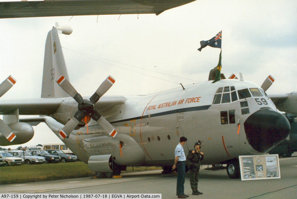 A97-159, Lockheed C-130E Hercules C/N 382-4159, C-130E Hercules, callsign Ausy 282, of 37 Squadron Royal Australian Air Force on display at the 1987 Intnl Air Tattoo at RAF Fairford.