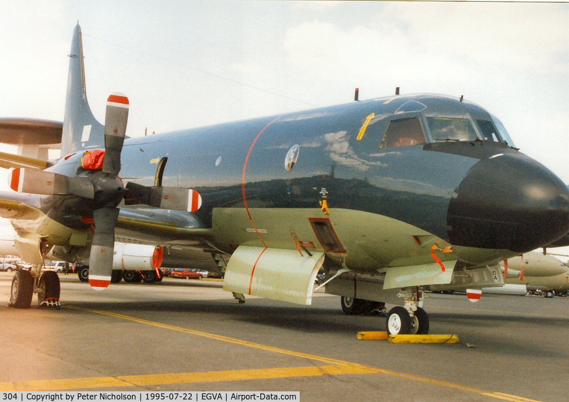 304, Lockheed P-3C Orion C/N 285E-5750, P-3C Orion, callsign Netherlands Royal Navy 370, of 320 Squadron on display at the 1995 Intnl Air Tattoo at RAF Fairford.