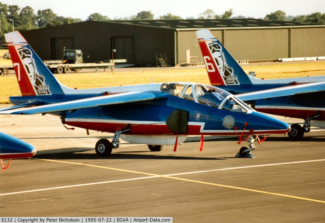 E132, Dassault-Dornier Alpha Jet E C/N E132, Patrouille de France aircraft number 7 on the flight-line at the 1995 Intnl Air Tattoo at RAF Fairford.