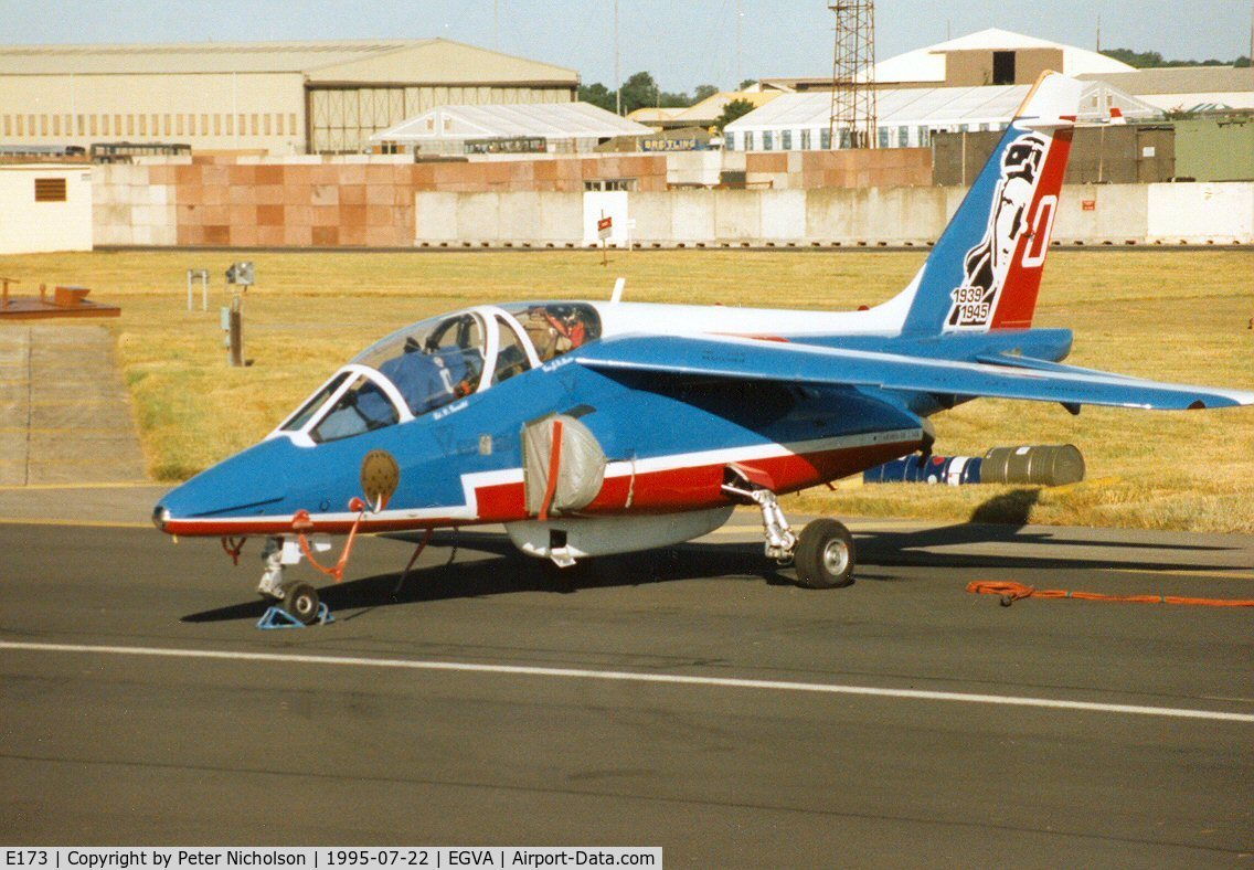 E173, Dassault-Dornier Alpha Jet E C/N E173, Patrouille de France aircraft number 0 on the flight-line at the 1995 Intnl Air Tattoo at RAF Fairford.