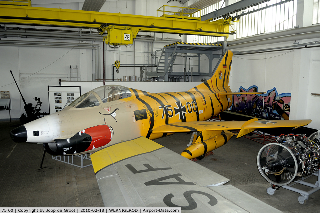 75 00, Fiat G-91R/4 C/N 122, Former BD-248 is now preserved in the Tiger colors of Portuguese AF G-91R3 5465, as worn in 1987. The serial 75+00 is one of an Alouette II.
