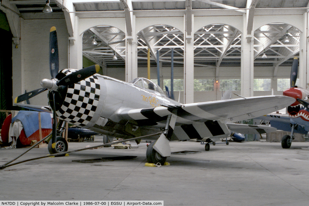N47DD, 1945 Republic P-47D Thunderbolt C/N 399-55731, Republic P-47D Thunderbolt at Duxford Airfield, UK in 1986. Later became G-THUN and exported to the USA in 2007.