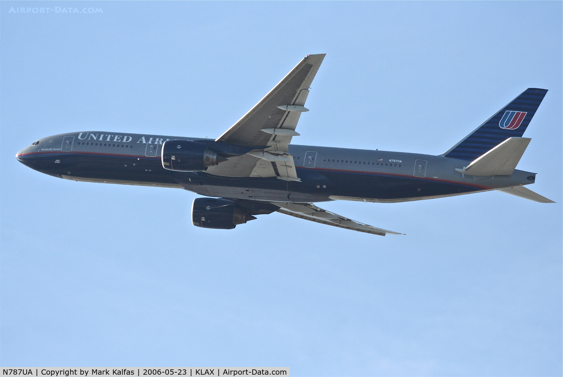 N787UA, 1997 Boeing 777-222 C/N 26939, United Airlines Boeing 777-222, N787UA 25R departure KLAX.