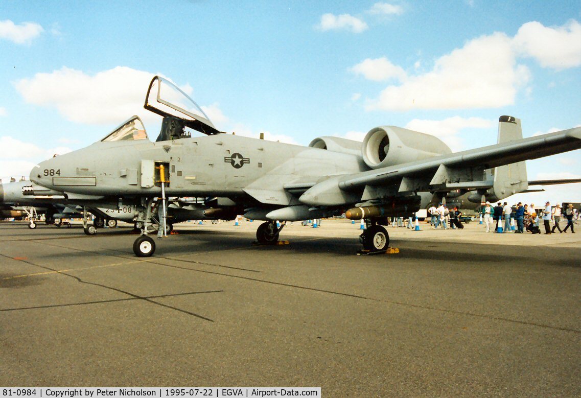 81-0984, 1981 Fairchild Republic A-10A Thunderbolt II C/N A10-0679, A-10A Thunderbolt, callsign Colt 02, of 81st Fighter Squadron/52nd Fighter Wing at Spangdahlem on display at the 1995 Intnl Air Tattoo at RAF Fairford.
