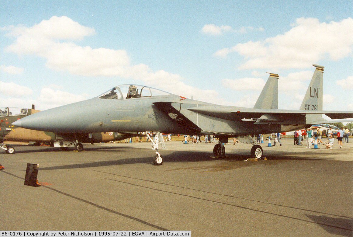 86-0176, 1986 McDonnell Douglas F-15C Eagle C/N 1027/C404, F-15C Eagle, callsign Deadly 01, of Lakenheath's 493rd Fighter Squadron/48th Fighter Wing on display at the 1995 Intnl Air Tattoo at RAF Fairford.
