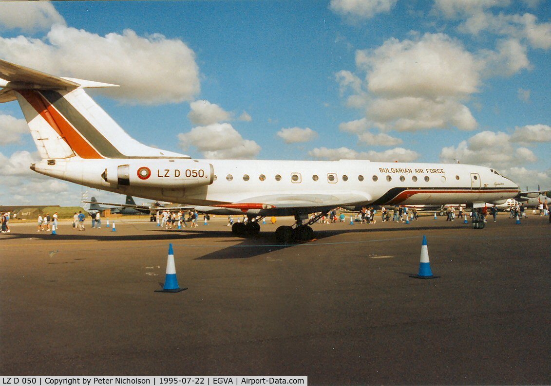 LZ D 050, 1971 Tupolev Tu-134A C/N 1351303, Another view of the Bulgarian Air Force Tu-134A Crusty on display at the 1995 Intnl Air Tattoo at RAF Fairford.
