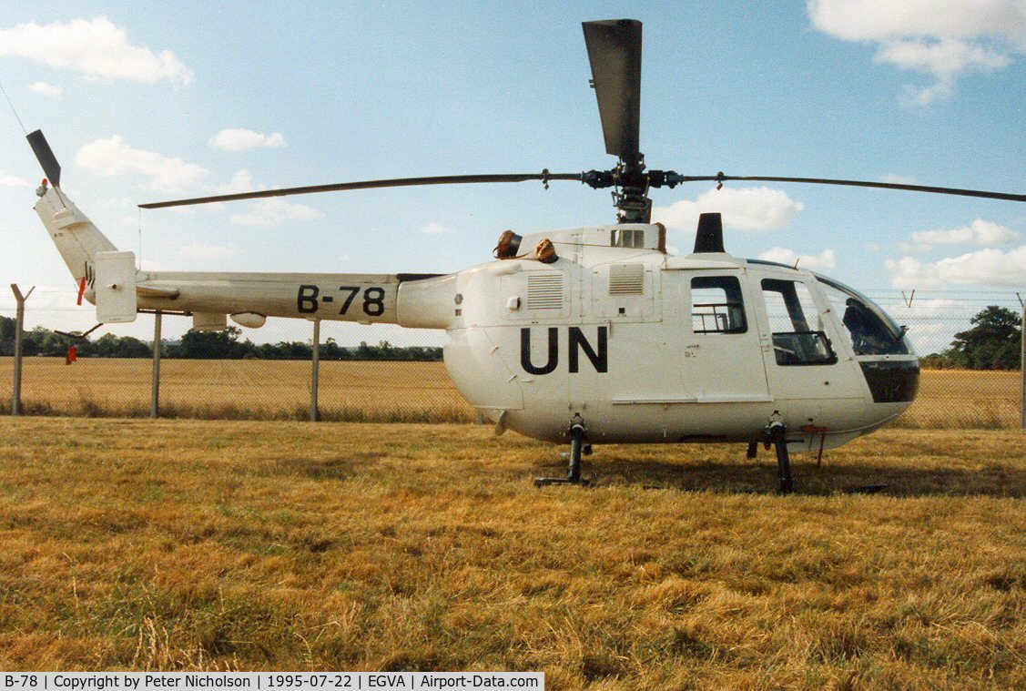 B-78, 1979 MBB Bo-105CB C/N S-278, MBB Bo.105CB of 299 Squadron Royal Netherlands Air Force in United Nations markings on display at the 1995 Intnl Air Tattoo at RAF Fairford.