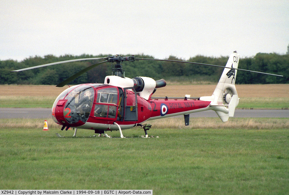 XZ942, 1978 Westland SA-341C Gazelle HT2 C/N WA1761, Westland SA-341C Gazelle at Cranfields Air Show and Helifest in 1994. From RN No 705 Sqn based at Culdrose.