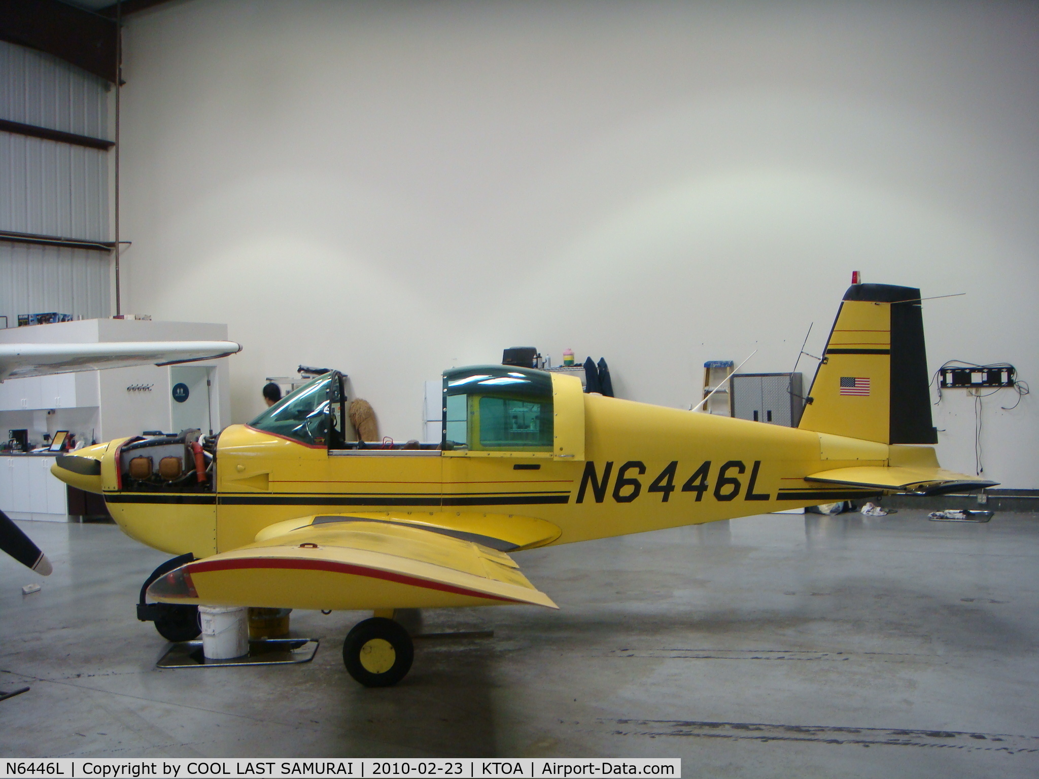 N6446L, 1972 American Aviation AA-1A Trainer C/N AA1A-0446, Grumman 6446L in a hanger for maintenance.