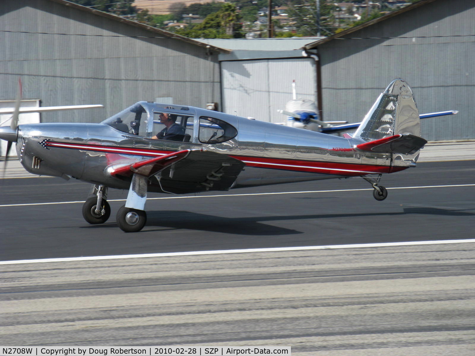 N2708W, 1950 Temco GC-1B Swift C/N 3741, 1950 Temco GC-1B SWIFT, Continental O-300-A 145 Hp upgrade, mirror-polished show plane, landing roll Rwy 22