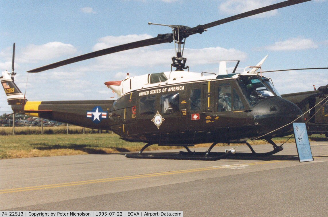 74-22513, 1974 Bell UH-1H Iroquois C/N 13837, UH-1H Iroquois, callsign Clue 39, of the US Army European Command on display at the 1995 Intnl Air Tattoo at RAF Fairford.