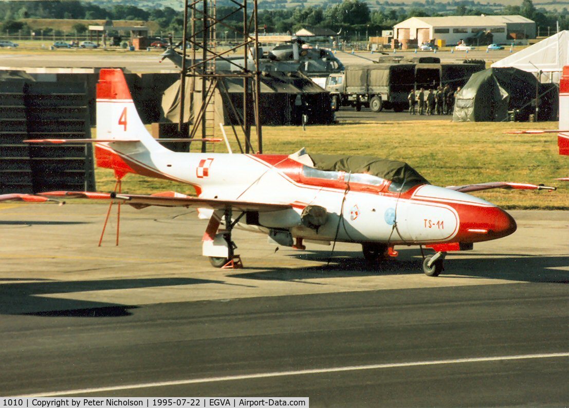 1010, PZL-Mielec TS-11 Iskra bis B C/N 1H-1010, Aircraft number 4 of the White Iskras Polish Air Force display team on the flight-line at the 1995 Intnl Air Tattoo at RAF Fairford.
