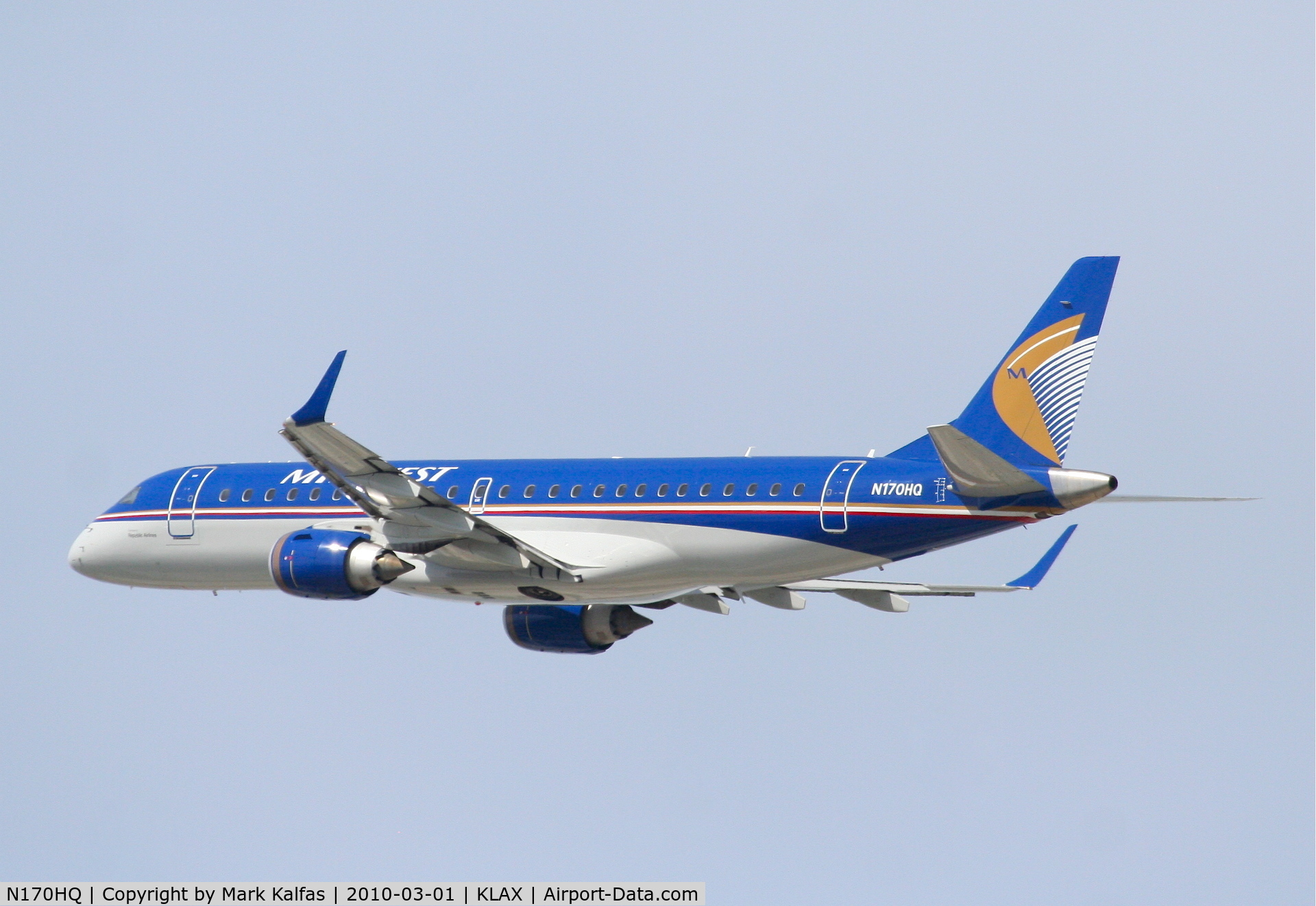 N170HQ, 2008 Embraer 190AR (ERJ-190-100IGW) C/N 19000191, Republic Airlines/Midwest Express Embraer ERJ 190-100 IGW, RPA1926 25R departure for KMCI.