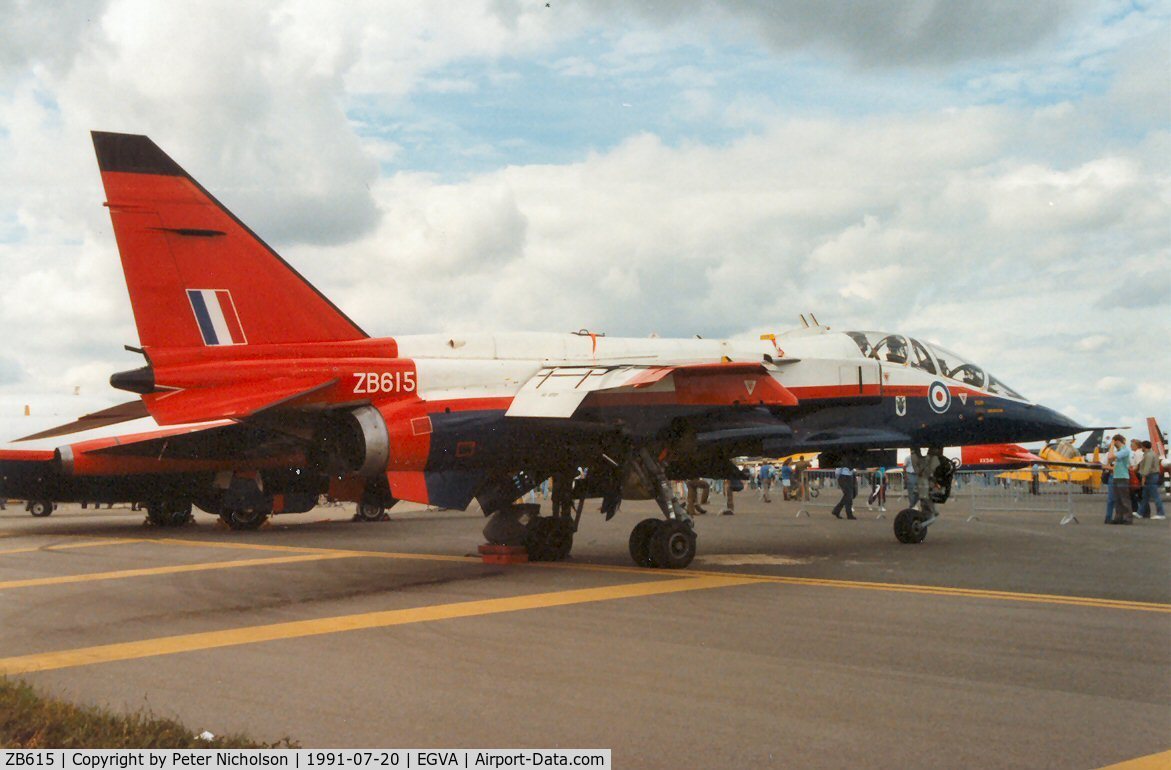 ZB615, 1982 Sepecat Jaguar T.2A C/N B38, Jaguar T.2A of the Institute of Aviation Medicine in the static park at the 1991 Intnl Air Tattoo at RAF Fairford.