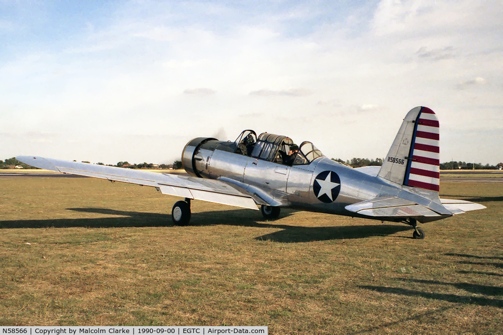 N58566, 1943 Convair BT-15 C/N 10670, Vultee BT-13 Valiant (V-54) at Cranfield Airport in 1990.