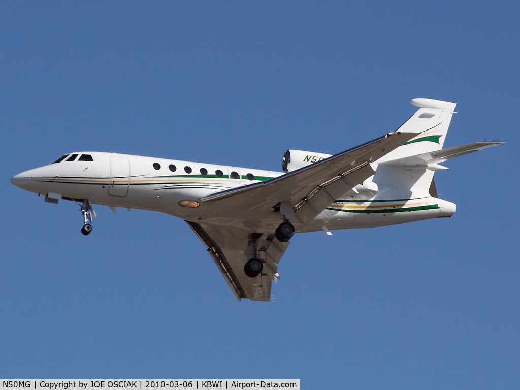 N50MG, 1996 Dassault Falcon 50 C/N 255, Arriving at BWI