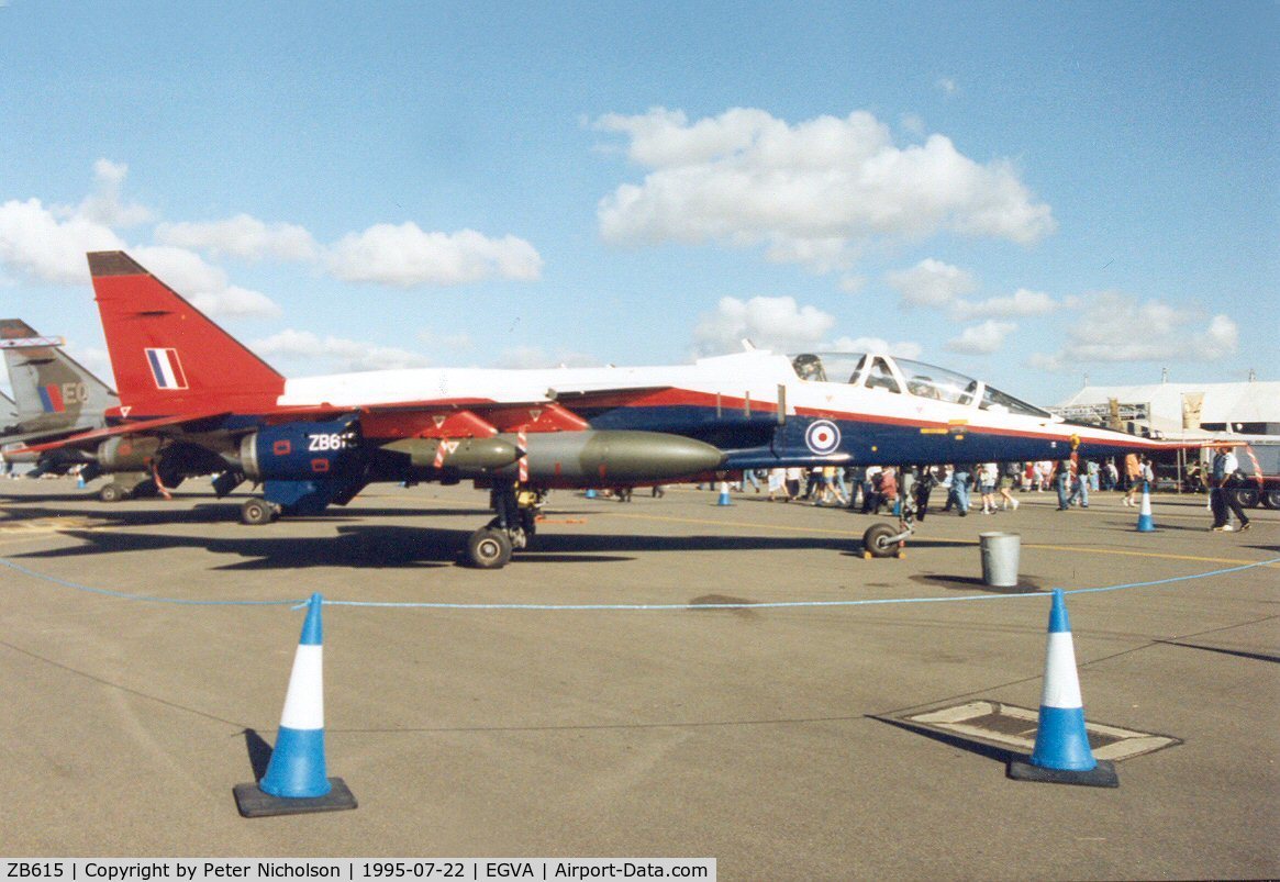 ZB615, 1982 Sepecat Jaguar T.2A C/N B38, Jaguar T.2A, callsign ETP 07, from Boscombe Down on display at the 1995 Intnl Air Tattoo at RAF Fairford.