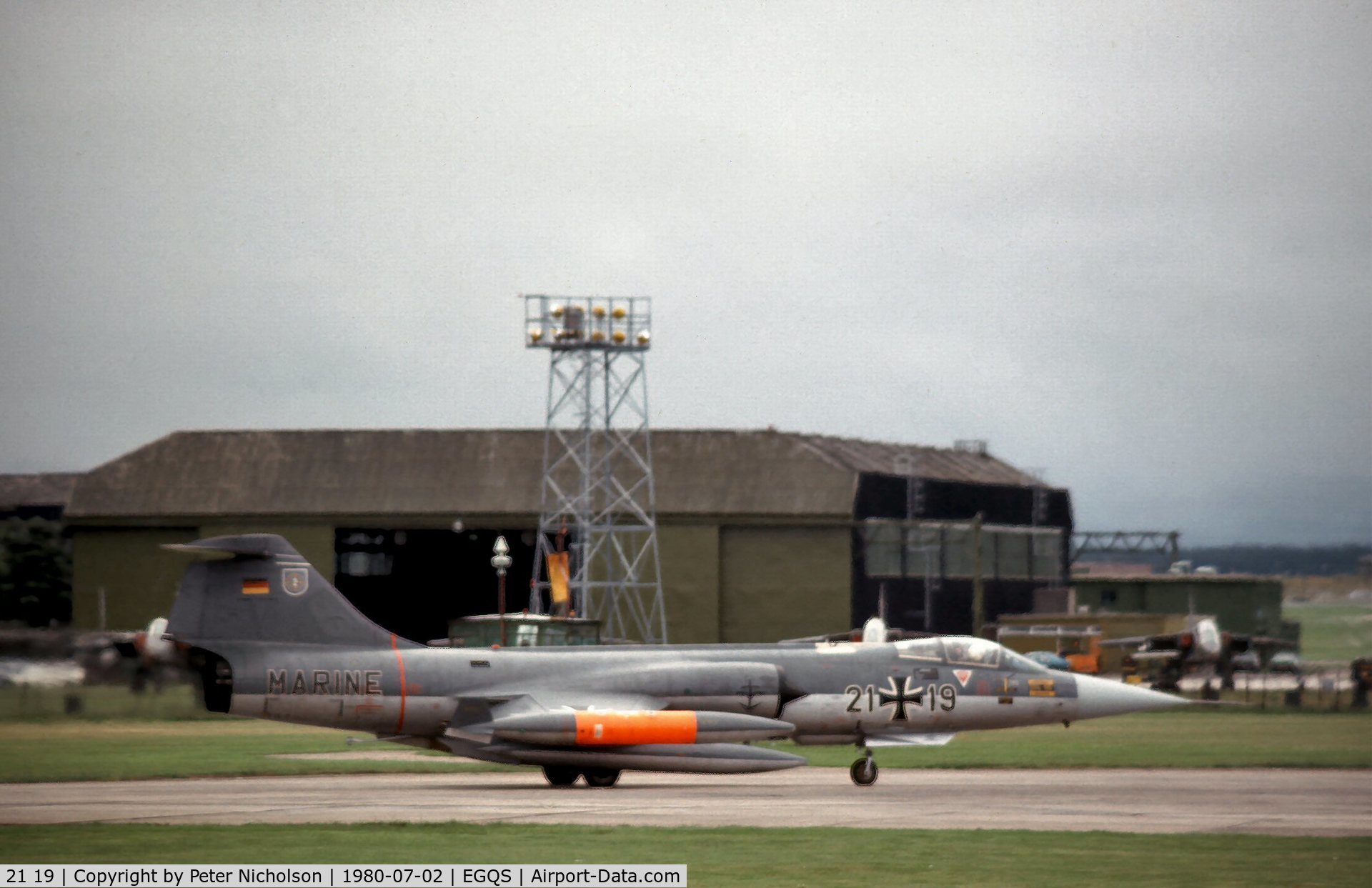 21 19, Lockheed F-104G Starfighter C/N 683-6674, F-104G Starfighter of MFG-2 awaiting clearance to join the active runway at RAF Lossiemouth in the Summer of 1980.