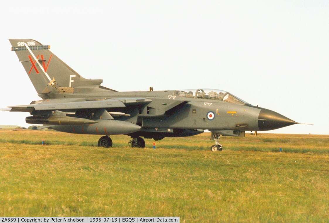 ZA559, 1981 Panavia 081/BS023/3043 C/N 081/BS023/3043, Tornado GR.1 of 15[Reserve] Squadron taxying to the active runway at RAF Lossiemouth in the Summer of 1995.