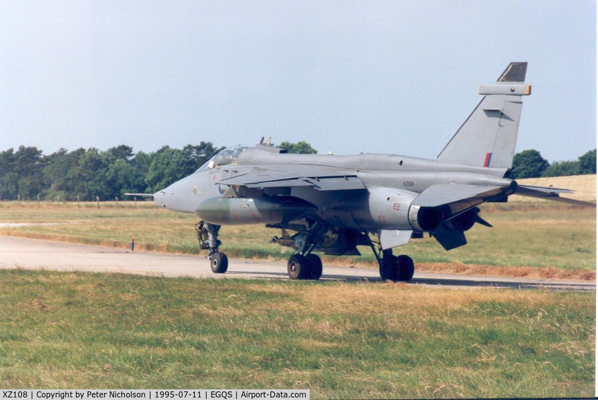 XZ108, 1976 Sepecat Jaguar GR.1A C/N S.109, Jaguar GR.1A, callsign Wildcat 3, of 16[Reserve] Squadron taxying to the active runway at RAF Lossiemouth in the Summer of 1995.