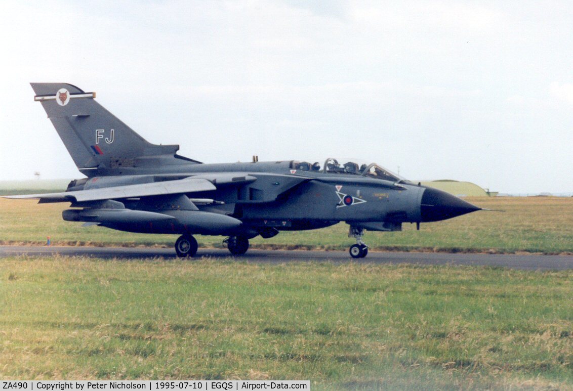 ZA490, 1983 Panavia Tornado GR.1B C/N 305/BS106/3142, Tornado GR.1B of 12 Squadron taxying to the active runway at RAF Lossiemouth in the Summer of 1995.