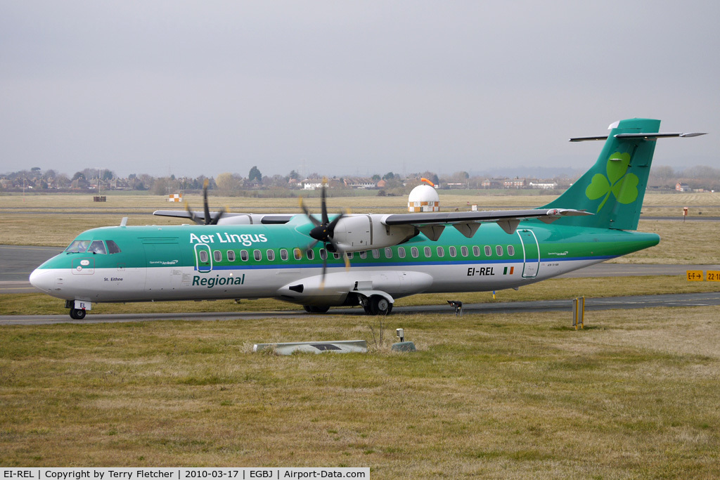 EI-REL, 2007 ATR 72-212A C/N 748, Aer Arran ATR72 painted in Aer Lingus Regional colours bring in Horse race fans at Gloucestershire (Staverton) Airport