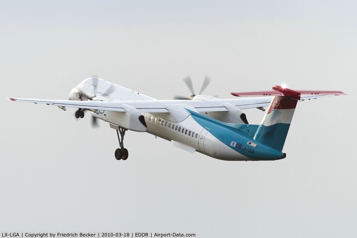 LX-LGA, 2007 De Havilland Canada DHC-8-402Q Dash 8 C/N 4159, departing EDDR via RW27
