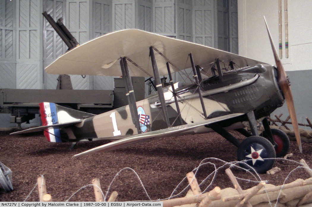 N4727V, 1917 SPAD S-VII C/N S-248, Spad V11. Painted as WW1 American flying ace Lt Rickenbacker's Spad Xlll S4523 of the 94th Aero Sqn, United States Air Service. Exhibited at the Imperial War Museum, Duxford in 1987.