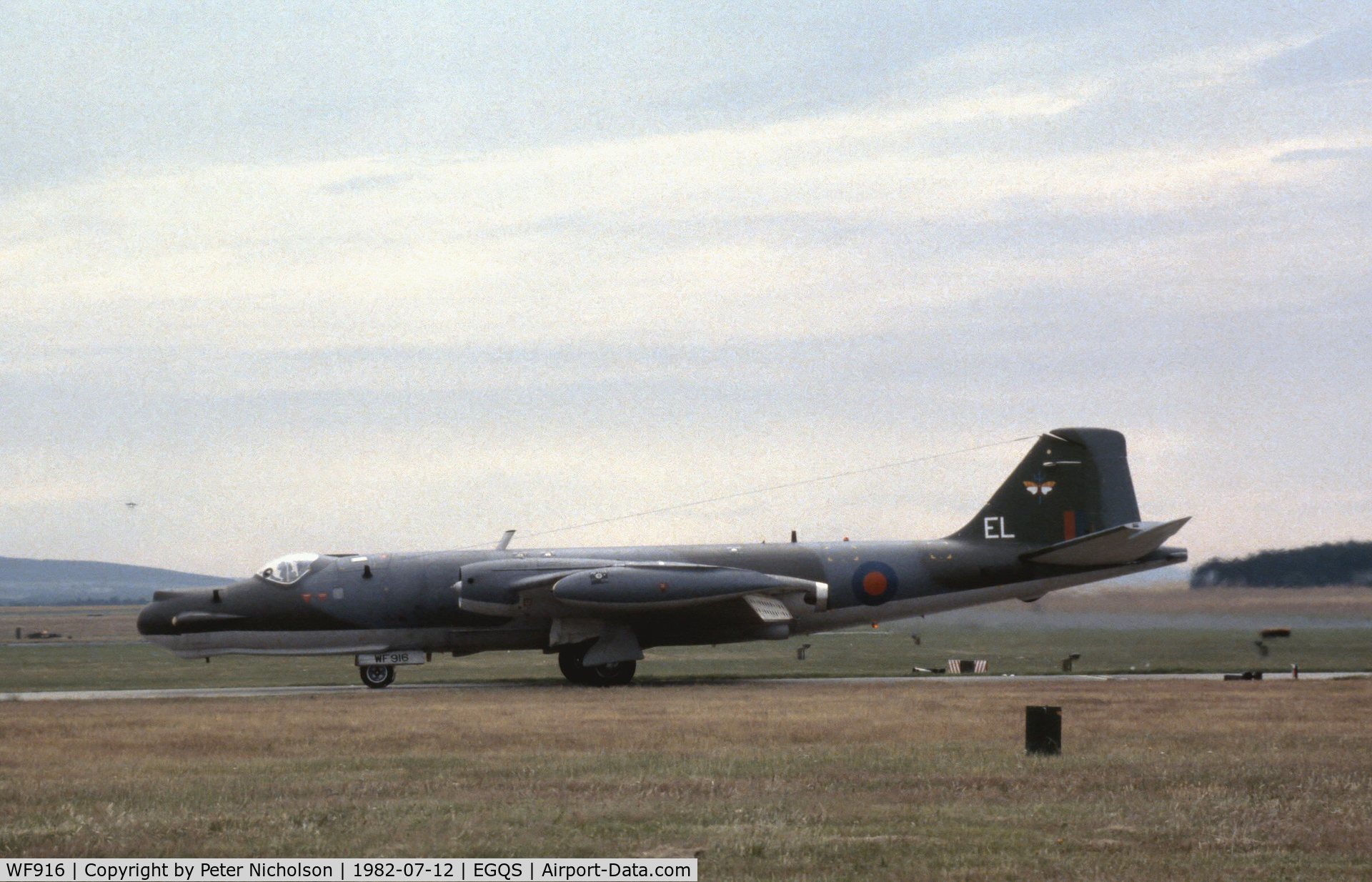 WF916, English Electric Canberra T.17 C/N EEP71103, Canberra T.17 of 360 Squadron taxying to the apron at RAF Lossiemouth in the Summer of 1982.