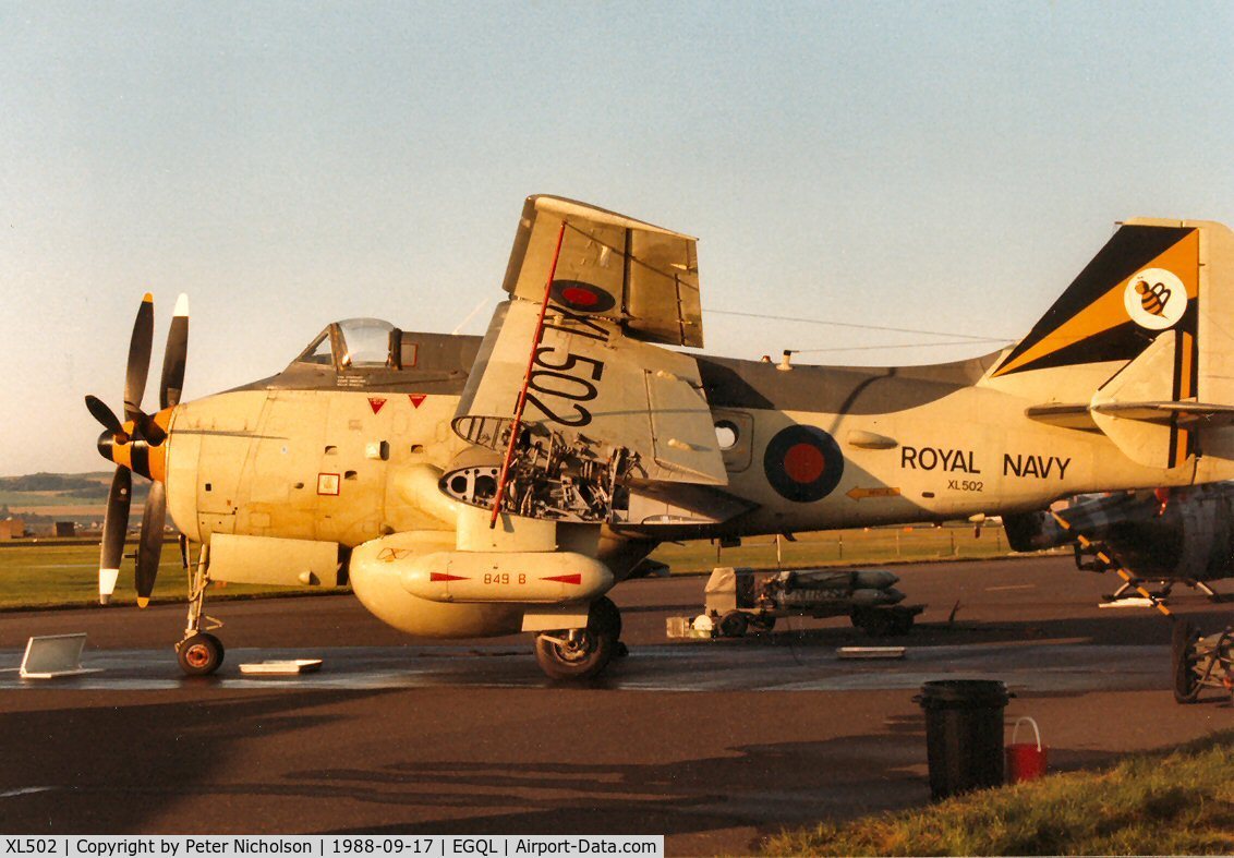 XL502, 1961 Fairey Gannet AEW.3 C/N F9461, Gannet AEW.3 on civil register but still in 849 Squadron markings on display at the 1988 RAF Leuchars Airshow.