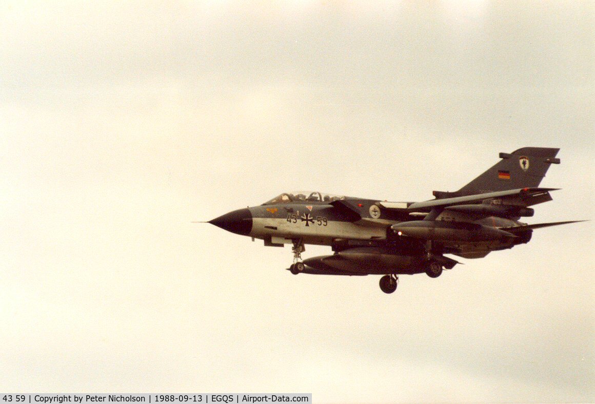 43 59, Panavia Tornado IDS C/N 157/GS032/4059, MFG-1 Tornado IDS on final approach to Runway 23 at RAF Lossiemouth in September 1988.