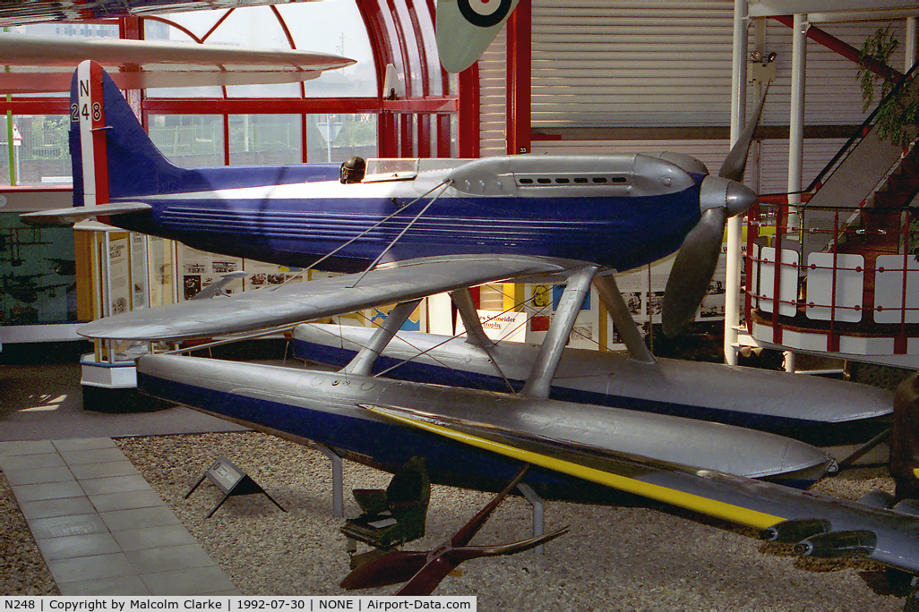 N248, 1929 Supermarine S-6A C/N 344, Supermarine S-6A in 1992. N248 was entered for the Schneider Trophy contest held at Calshot the same year. Disqualified for turning inside a pylon,it nevertheless set a new world air speed record of 332 mph. Now in the Solent Sky Museum in Southampton.