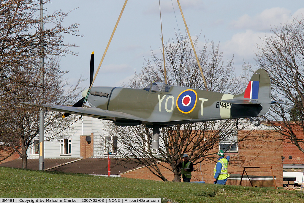 BM481, 2007 Supermarine 349 Spitfire F.V Replica C/N BAPC.301, Supermarine 349 Spitfire F5 (replica).  Erected on a roundabout in 2007 at the site of the former RAF Thornaby. The markings on the port side commemorate 401 Sqn, RCAF. Those on the starboard side, PK651, code B-RAO, commemorate 608 Sqn, RAuxAF.