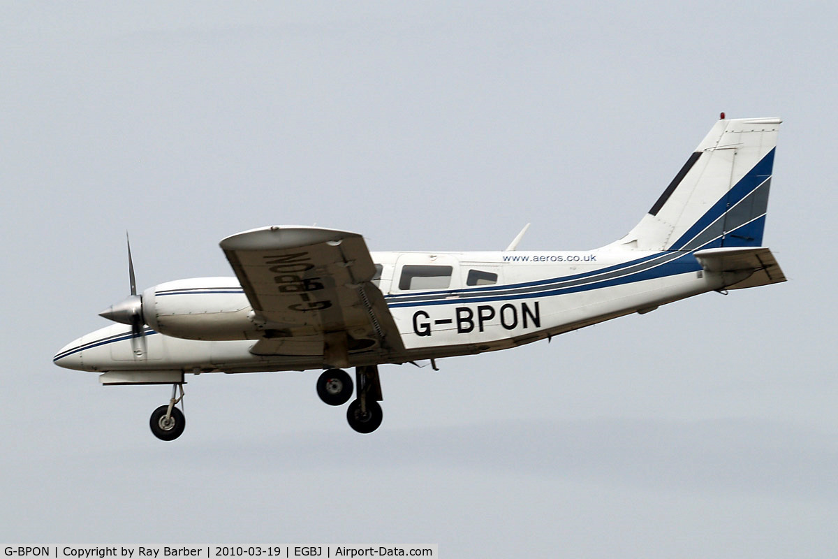 G-BPON, 1975 Piper PA-34-200T Seneca II C/N 34-7570040, Piper PA-34-200T Seneca II [34-7570040] Staverton~G 19/03/2010. Seen on finals.